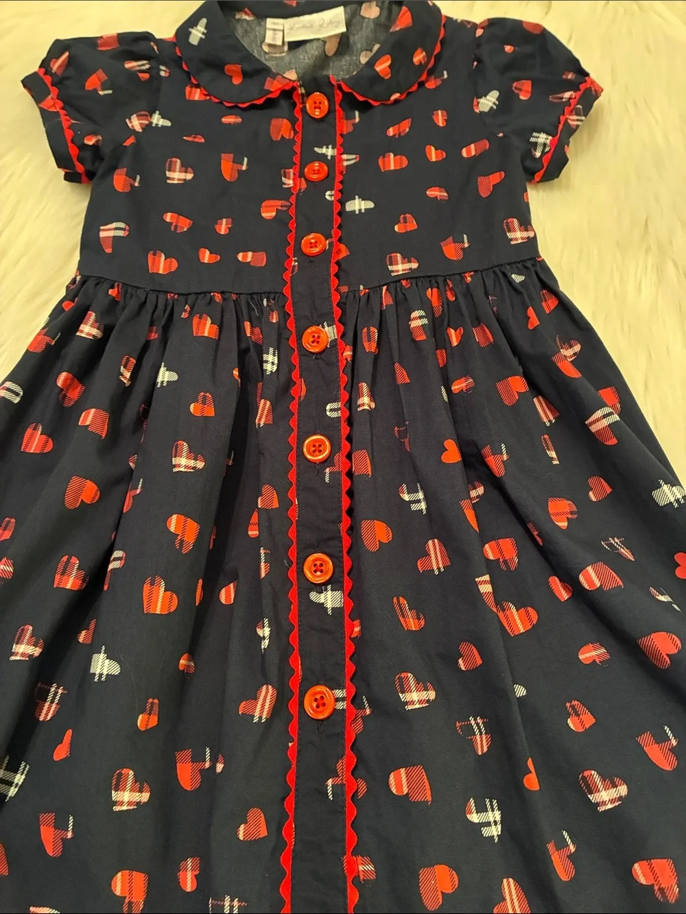 Rachel Riley Girls Navy Dress with Heart Print